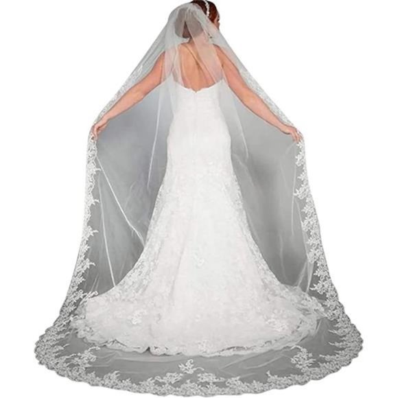 Wedding Veil and Tiara, 1 Tier Lace Cathedral Wedding Veil with Comb 118\